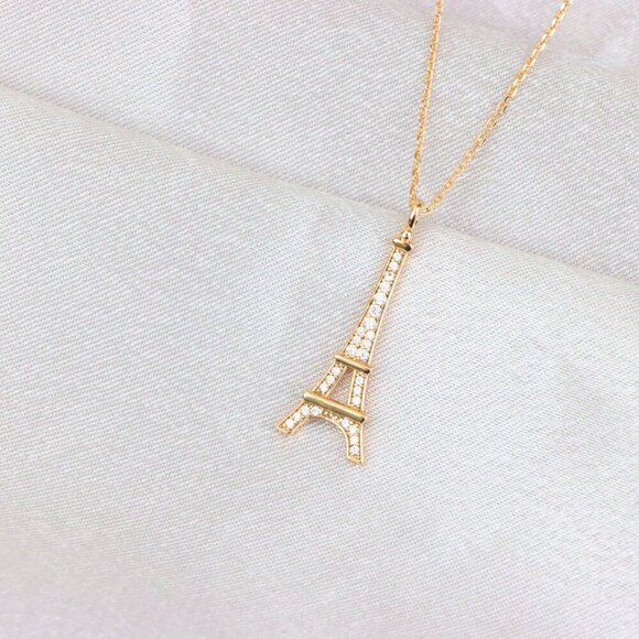 "Rose Gold Eiffel Tower Pendant Necklace with Sparkling Crystals, XPNL1883 - Picture 4 of 13